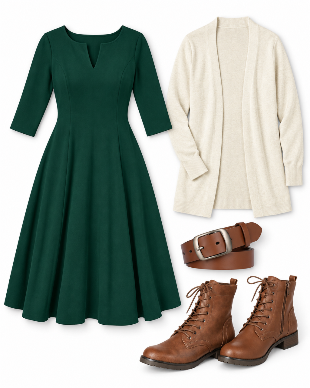 Pine green fit-and-flare midi dress, oatmeal open cardigan, light brown belt and brown lace-up ankle boots arranged on white