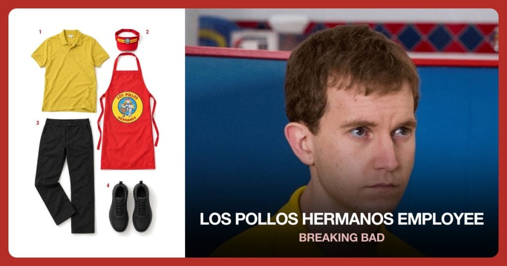 Yellow Polo Shirt, Los Pollos Apron and Visor, Black Chino Pants and Black Work Shoes beside Los Pollos Hermanos Employee