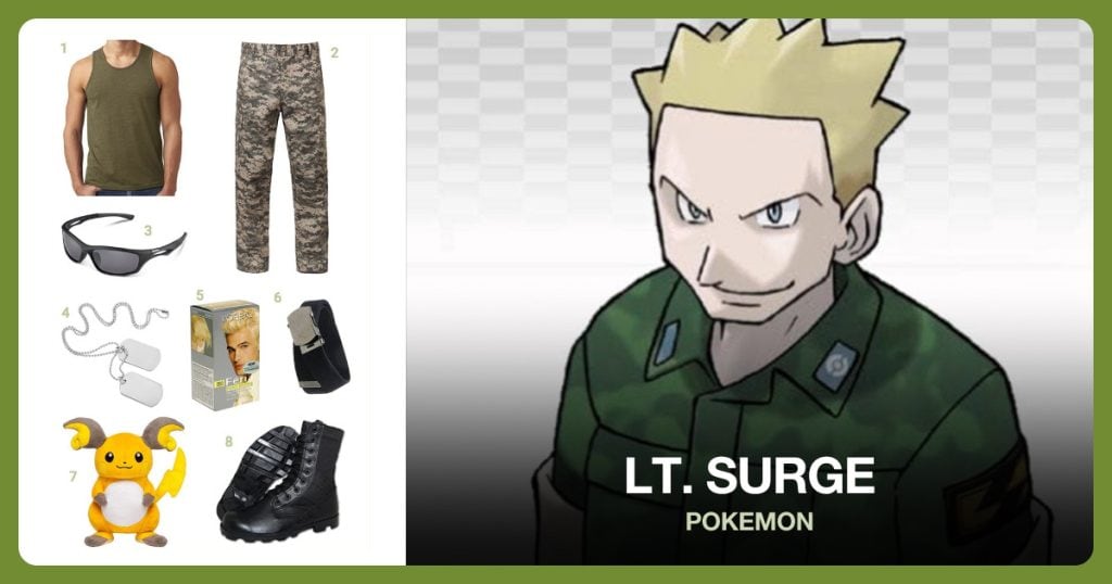 Green Tank Top, Camo Pants, Sport Sunglasses and Dog Tags beside Lt. Surge