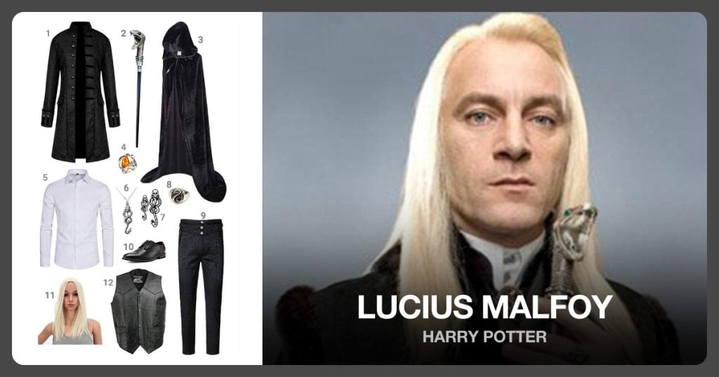 Men’s Vintage Tailcoat, Snake Walking Stick, Black Full Length Hooded Cloak and Snake Brooch beside Lucius Malfoy