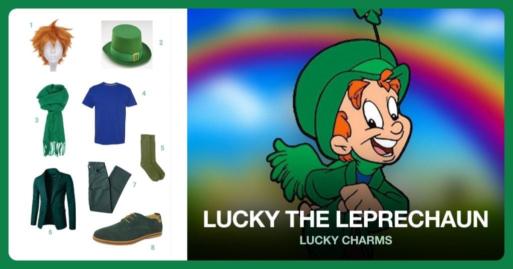 Short Orange Wig, St. Patrick’s Day Top Hat, Cashmere Scarf and Performance T-Shirt beside Lucky the Leprechaun