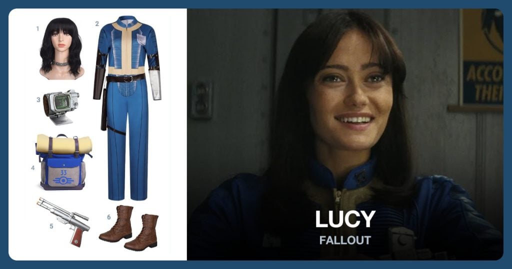 Wavy Wig With Bangs, Blue Jumpsuit Costume, Vault Wearable Armlet and Vault 33 Backpack beside Lucy