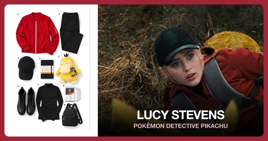 Red Reporter Jacket, Black Straight Pants, Black Baseball Cap and Reporter Notebook beside Lucy Stevens