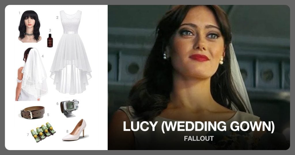 Women Wavy Wig With Bangs, Sleeveless Wedding Dress, Fake Blood and Bridal Veil beside Lucy (Wedding Gown)