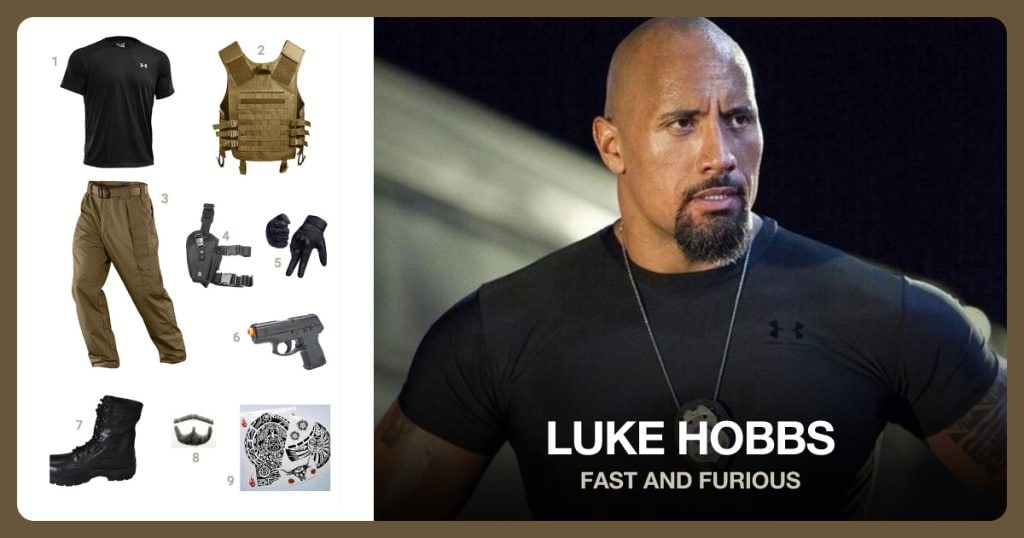 Under Armour Tech T-shirt, Rothco Molle Modular Vest, Tactical Pants and Right Handed Leg Holster beside Luke Hobbs