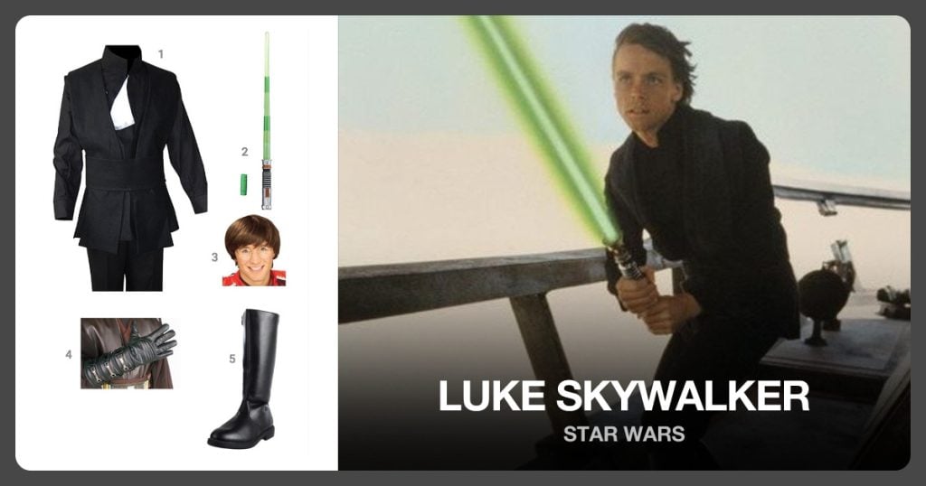 Luke Skywalker Costume with Shirt, Vest, Tabard, and Pants and Luke Skywalker Electronic Lightsaber beside Luke Skywalker