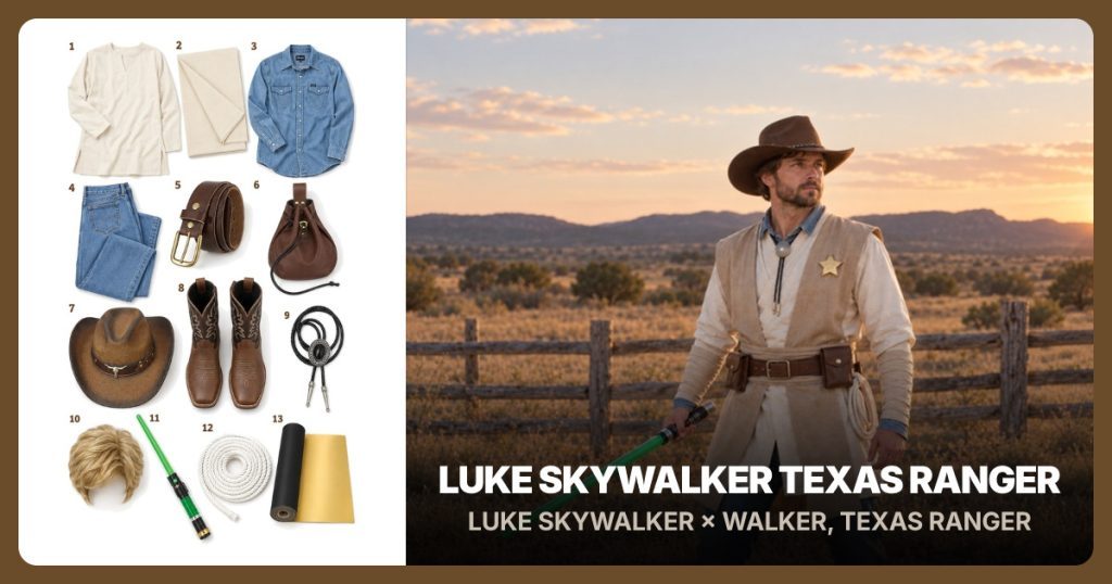 Ivory longline cotton undertunic, Natural unbleached muslin, 5 yards and Light-wash Wrangler denim shirt beside Luke Skywalker Texas Ranger
