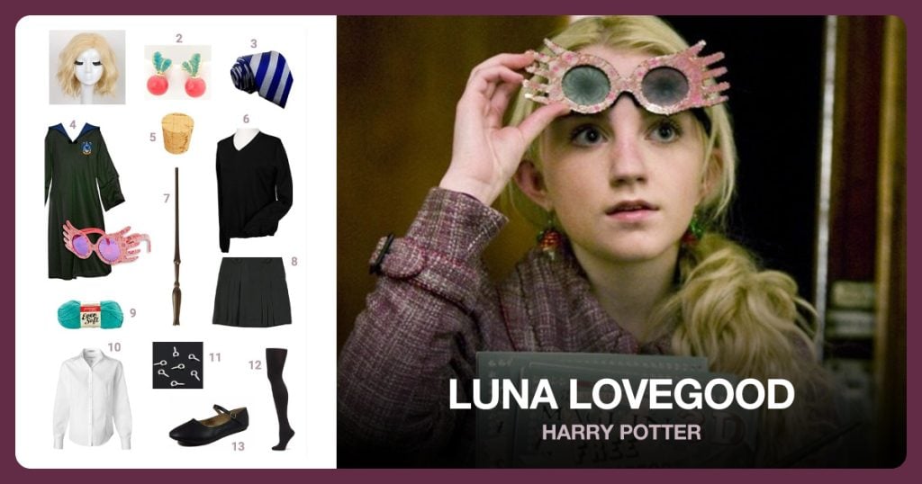Blonde Wig, Radish Earrings, Blue Grey Striped Tie and Luna Lovegood Robe and Glasses beside Luna Lovegood