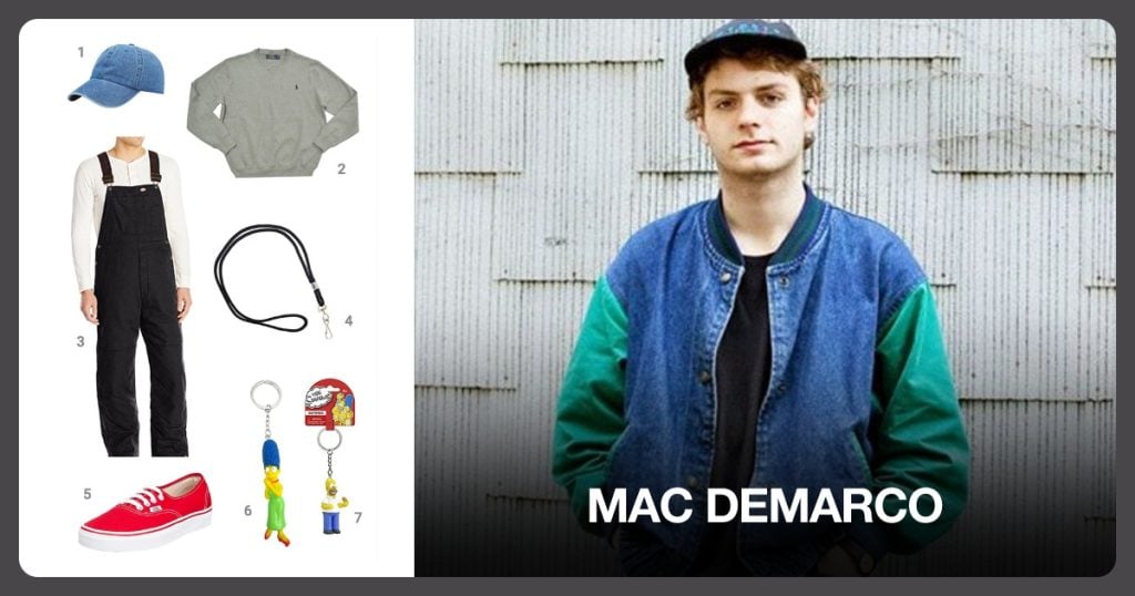 Washed Denim Hat, Long Sleeve Crewneck Sweater, Insulated Bib Overall and Standard Lanyard beside Mac DeMarco