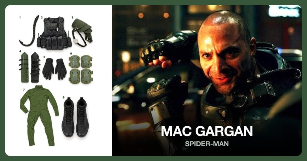 Mechanical Scorpion Tail Backpack, Black Tactical Armor Vest and Green Shoulder Armor Pauldrons beside Mac Gargan