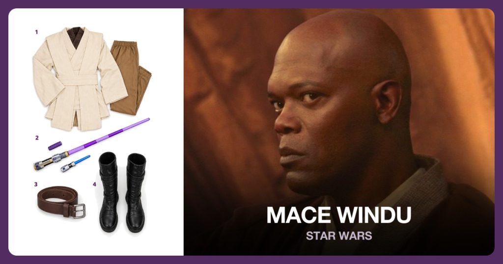 Brown Jedi Tunic Set, Purple Jedi Lightsaber, Brown Leather Belt and Black Jedi Boots beside Mace Windu