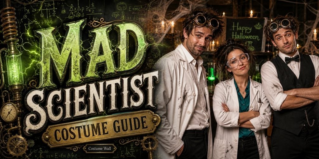 Men’s White Lab Coat, Women’s White Lab Coat, Men’s White Dress Shirt and Women’s Teal T-Shirt beside Mad Scientist
