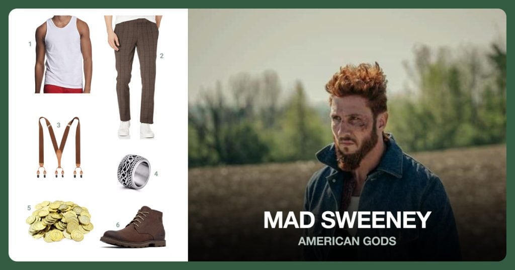 White Tank Top, Brown Plaid Pants, Brown Suspenders and Silver Ring beside Mad Sweeney