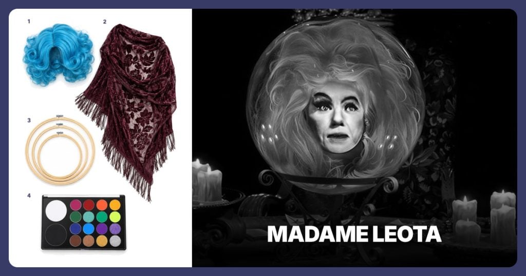 Blue Curly Wig, Burgundy Fringed Shawl, Large Embroidery Hoop Set and Face Paint Palette beside Madame Leota