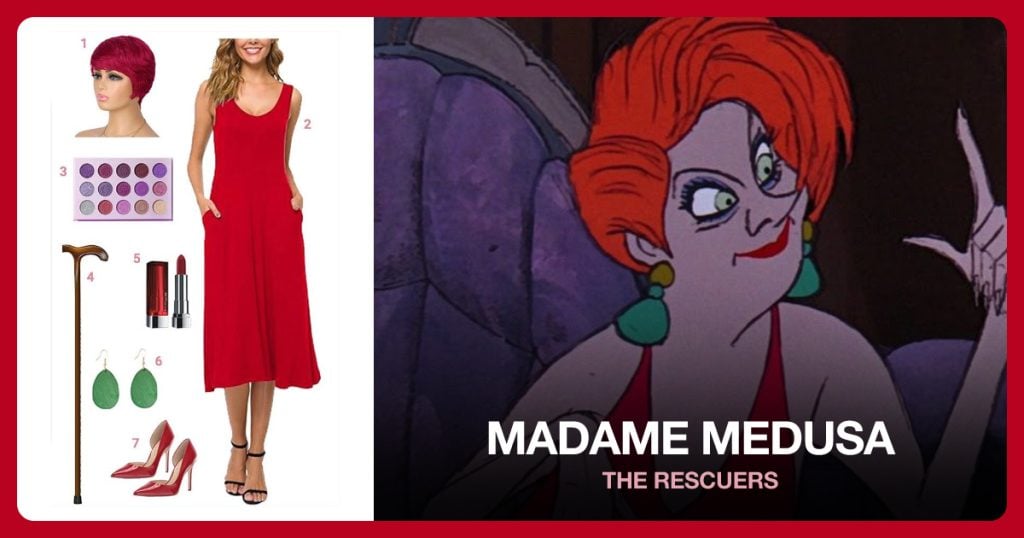 Light Red Pixie Cut Wig, Women’s Sleeveless Red Dress, Eyeshadow Palette Makeup and Walking Cane beside Madame Medusa