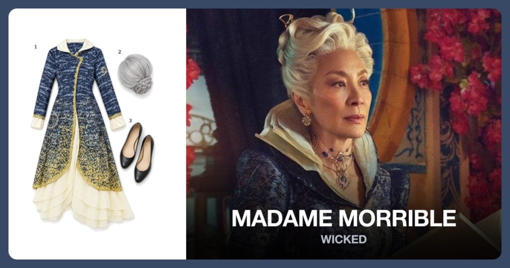 Celestial Coat Dress, Silver Updo Wig and Black Kitten Heels beside Madame Morrible