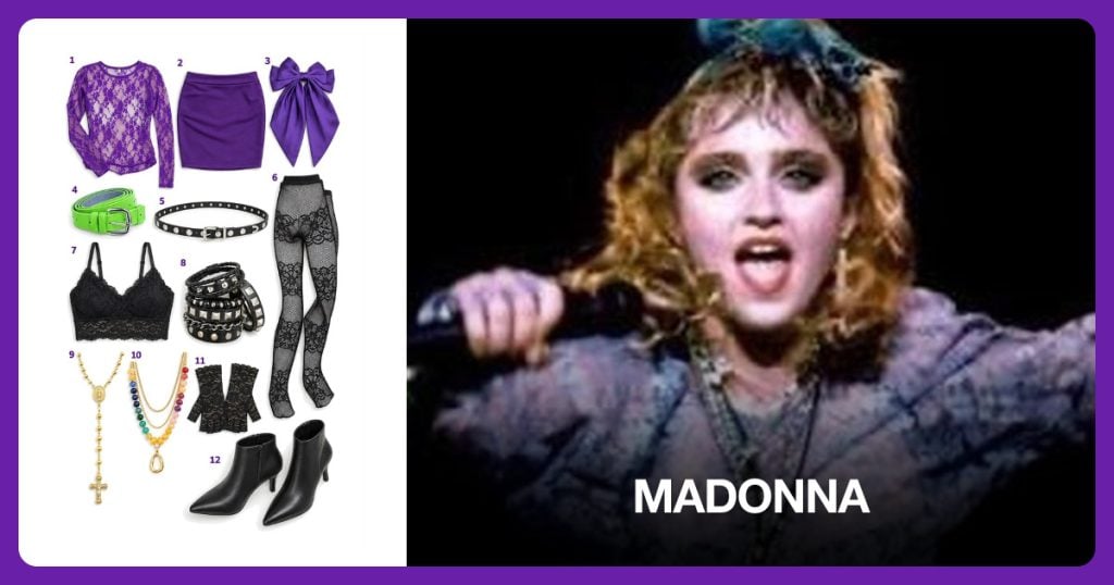 Purple Floral Lace Top, Purple Stretch Mini Skirt, Purple Satin Hair Bow and Fluorescent Green Studded Belt beside Madonna