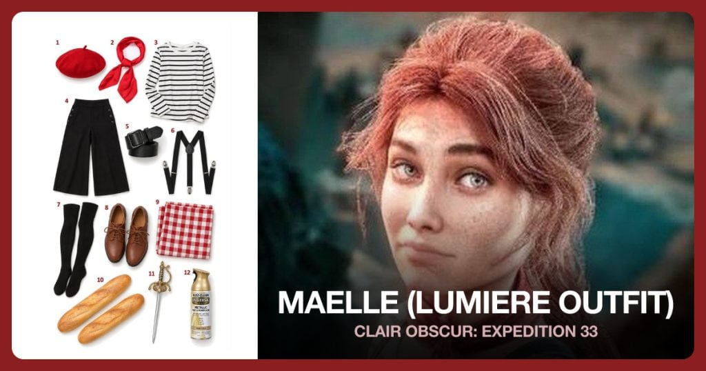French Wool Beret, Satin Neck Scarf, White Striped Long Sleeve Shirt and Black Capri Culotte Pants beside Maelle (Lumiere Outfit)
