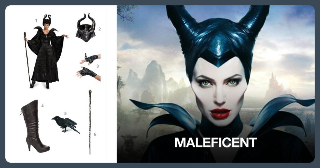 Disney Maleficent Gown Costume, Maleficent Costume Horns, Maleficent Gloves & Ring and High Heel Boots beside Maleficent