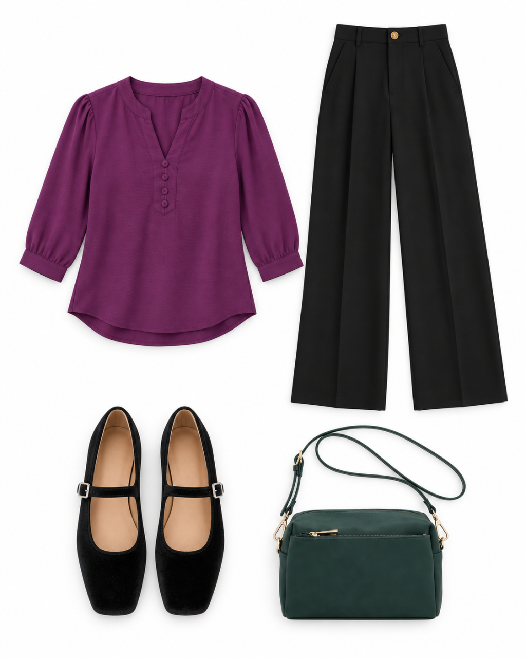 Plum blouse, black wide-leg trousers, black velvet Mary Jane flats and hunter-green crossbody bag laid out as a complete outfit.