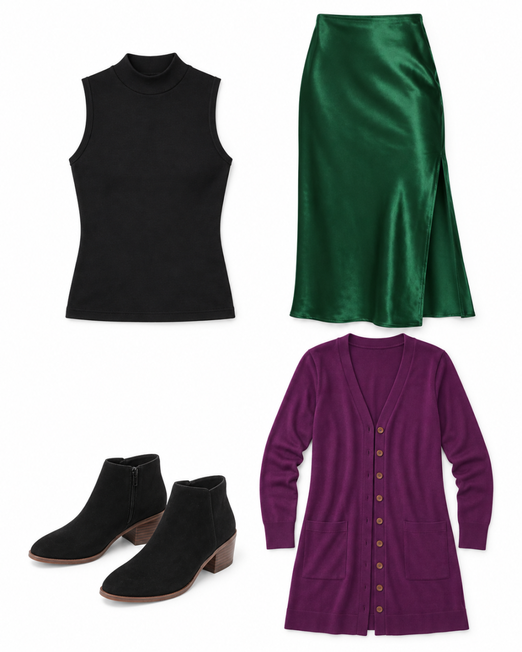 Black mock-neck top, emerald satin midi skirt, black ankle boots and plum cardigan arranged as a complete outfit.