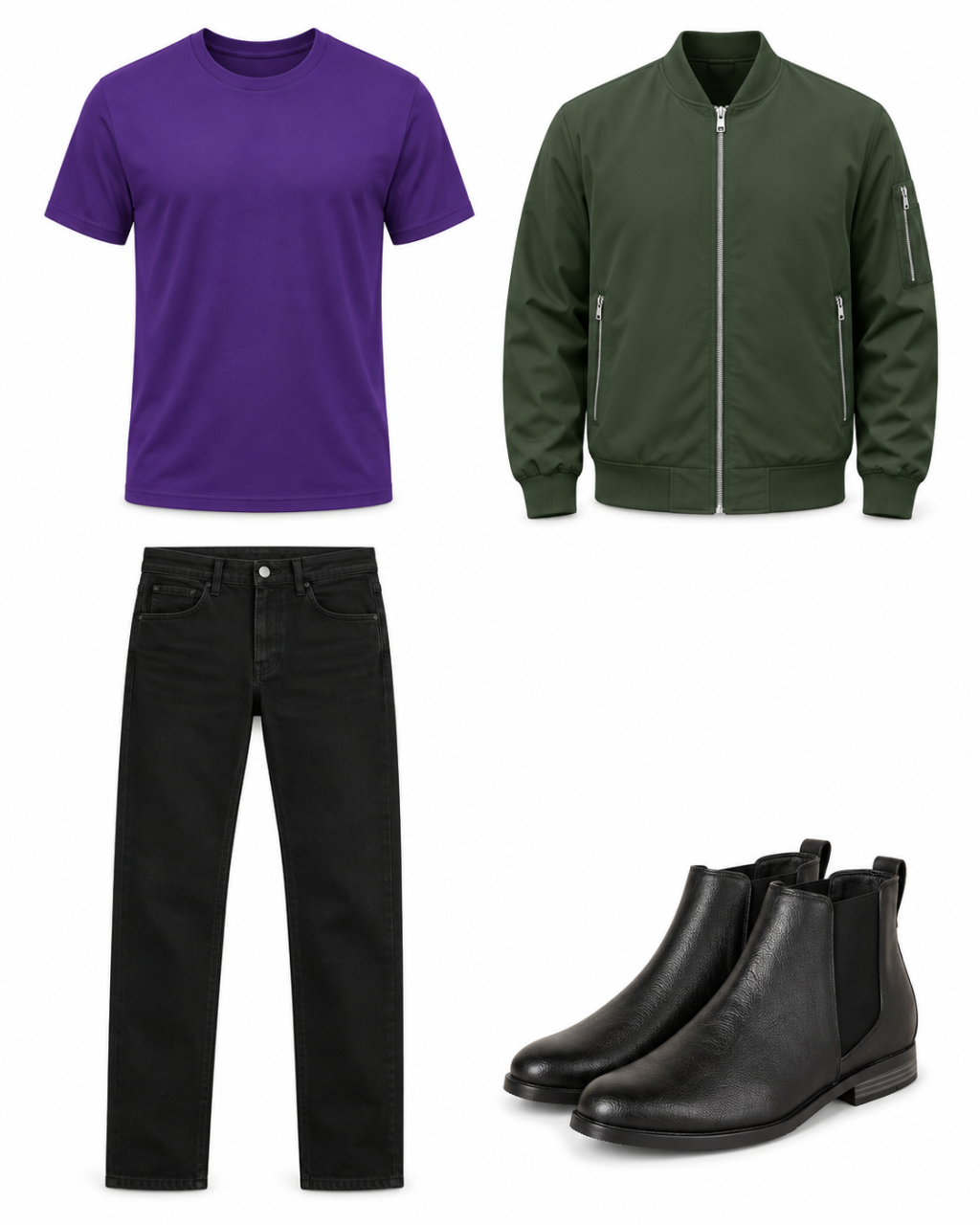 Men’s purple crew-neck tee, forest-green bomber, black straight jeans and black Chelsea boots on a white background.