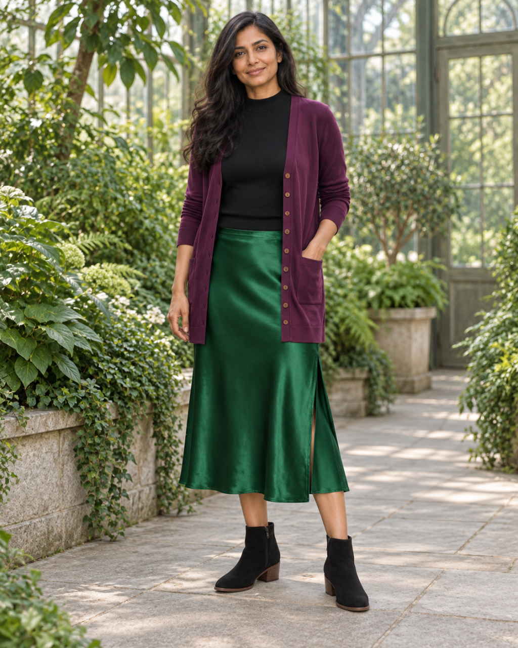 Adult wearing one complete Maleficent-inspired outfit with all linked garments and shoes