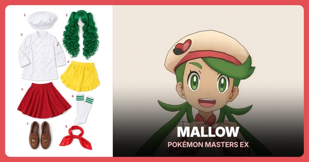 Cream White Beret, Long Green Ponytail Wig, White Chef Coat and Yellow Half Apron beside Mallow