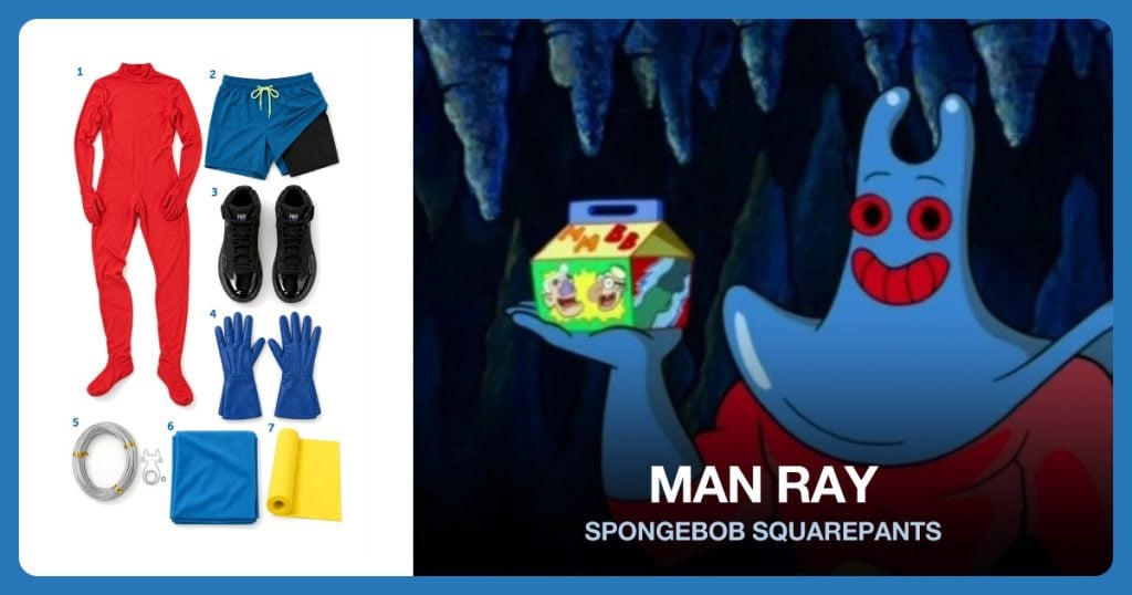 Red Bodysuit, Blue Swim Boxers, Black Service Boots and Blue Medieval Gloves beside Man Ray
