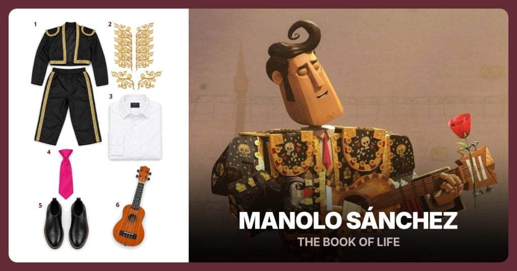 Black and Gold Matador Set, Gold Swirl Appliqués, White Dress Shirt and Solid Hot Pink Tie beside Manolo Sánchez