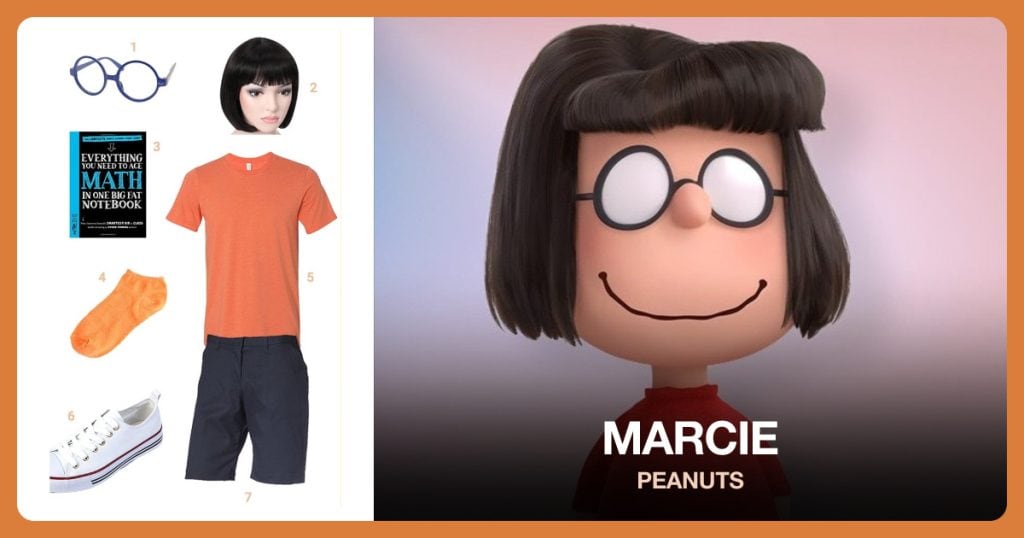Round Glasses, Black Bob Wig, Math Book and Orange Shirt beside Marcie