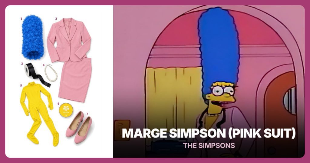 Blue Beehive Wig, Pink Skirt Suit, Black Satin Ribbon and Faux Pearl Jewelry Set beside Marge Simpson Pink Chanel Suit