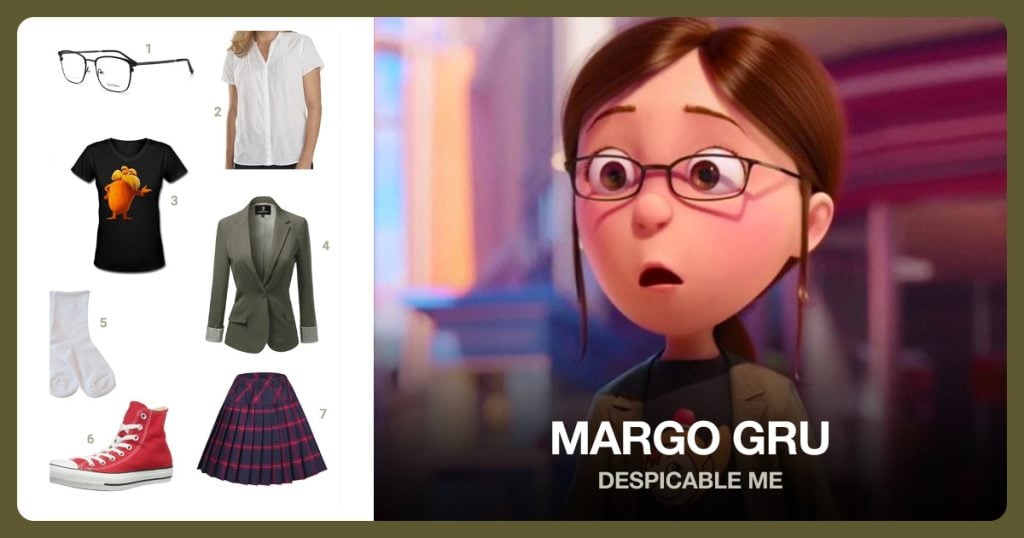 Margo Gru costume from Despicable Me: EyeGlow Rectangular Eyeglasses, Woolrich Women’s Button-Front Shirt, The Lorax Logo T-Shirt