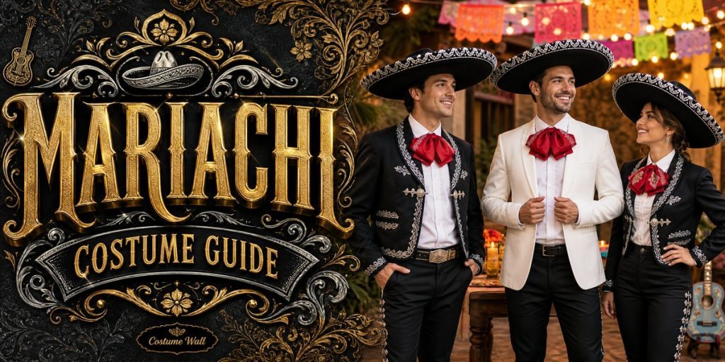 Men’s Black Mariachi Costume, White Two-Button Blazer and Men’s White Dress Shirt beside Mariachi
