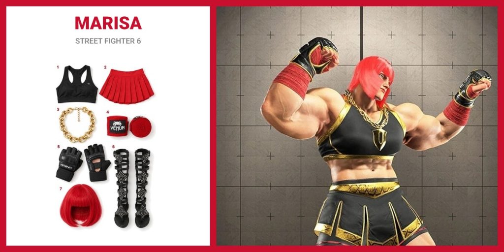 Black Sports Bra, Red Pleated Gladiator Skirt, Gold Cuban Link Chain and Red Boxing Hand Wraps beside Marisa