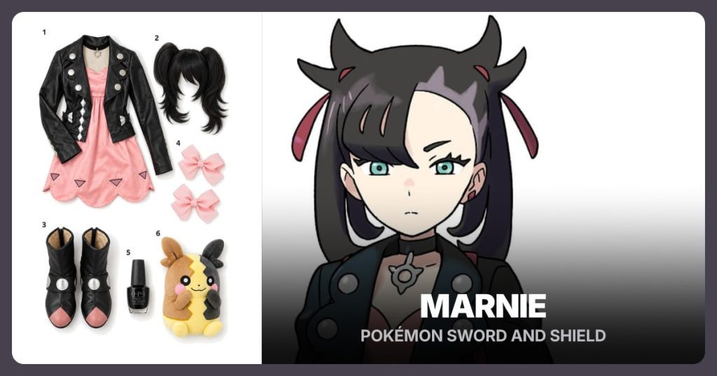Marnie Jacket and Dress Set, Black Pigtail Wig, Black and Pink Cosplay Boots and Light Pink Hair Bows beside Marnie