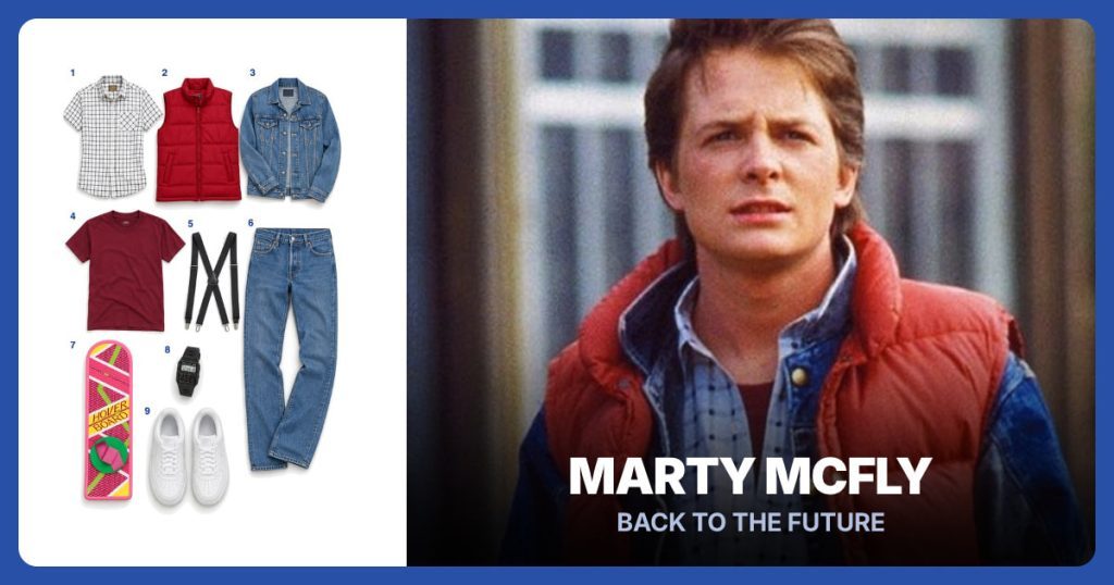 White Grid Check Short Sleeve, Red Puffer Vest, Trucker Jacket and Cardinal Cotton T-Shirt beside Marty McFly