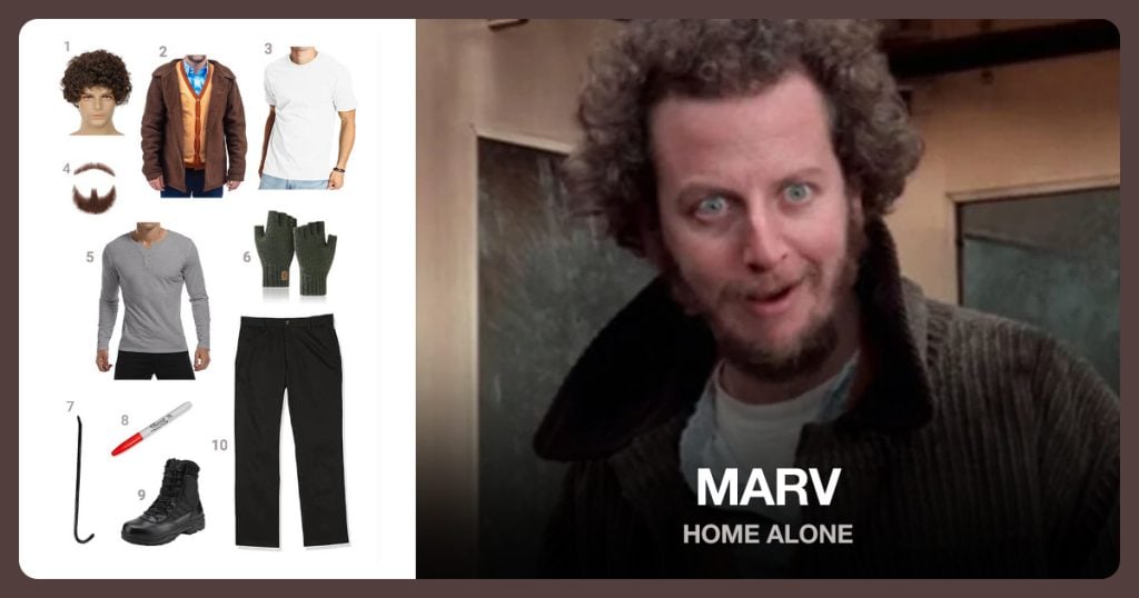 Brown Curly Short Wig, Cardigan Vest and Jacket Costume, Men’s White T-Shirt and Men’s Long Sleeve T-Shirts beside Marv