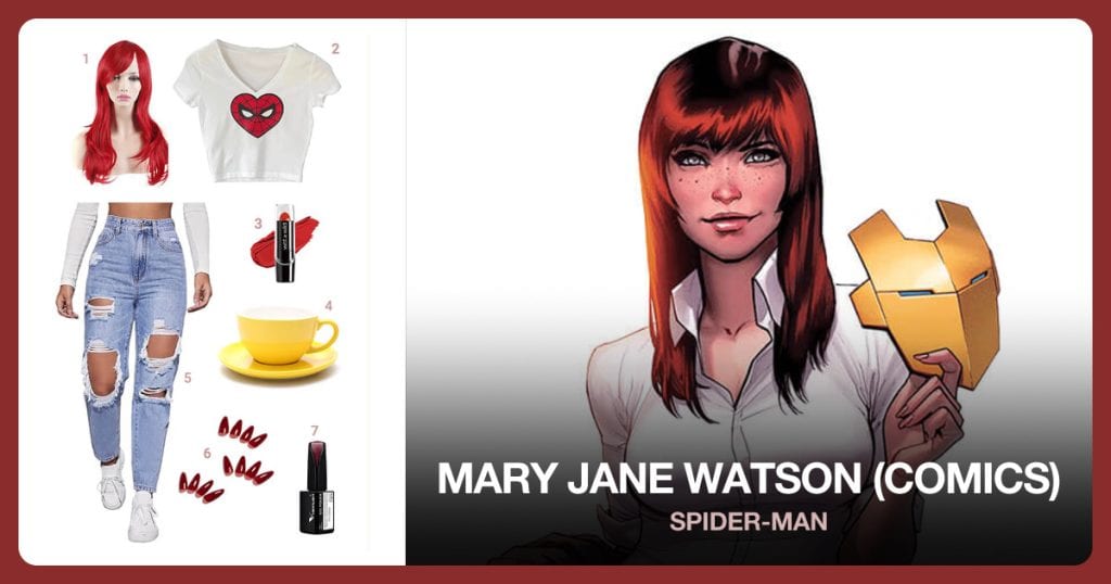Red Long Wavy Wig, Spider-Man Heart T-Shirt, Red Lipstick and Yellow Latte Cup beside Mary Jane Watson (Comic)