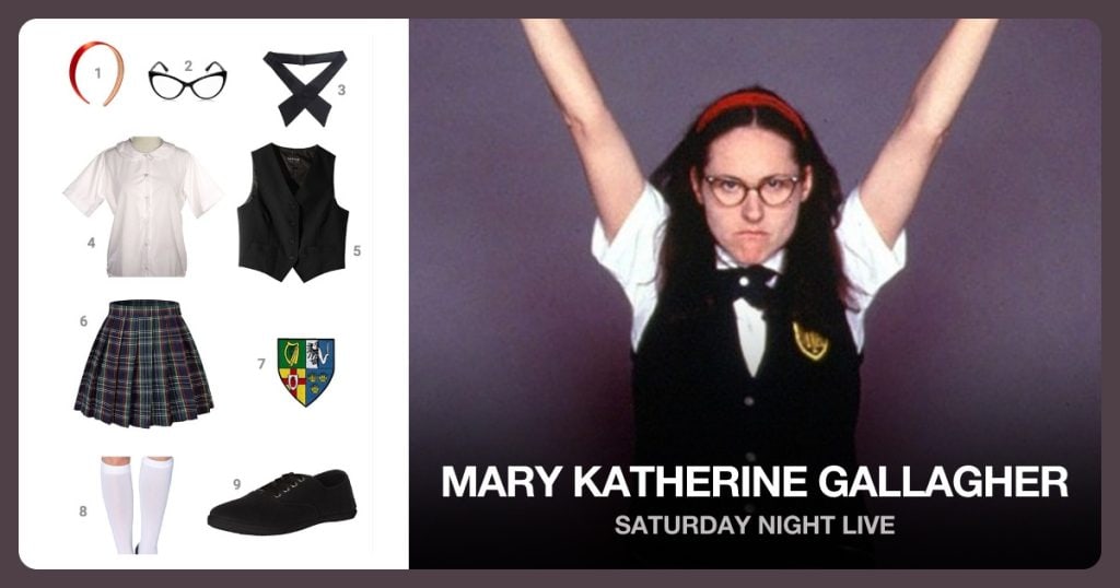 Red Headband, Black Vintage Glasses, Black Uniform Cross Tie and White Peter Pan Collar Shirt beside Mary Katherine Gallagher