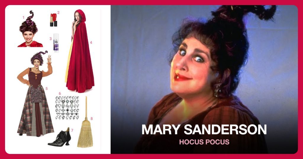 Mary Sanderson Wig, Red Lipstick, Purple Temporary Hair Color Spray and Red Adult Cloak beside Mary Sanderson