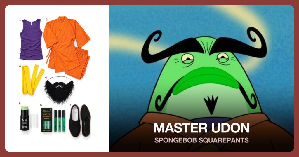 Purple Tank Top, Orange Shaolin Robe, Yellow Belt Fabric and Black Curled Beard beside Master Udon