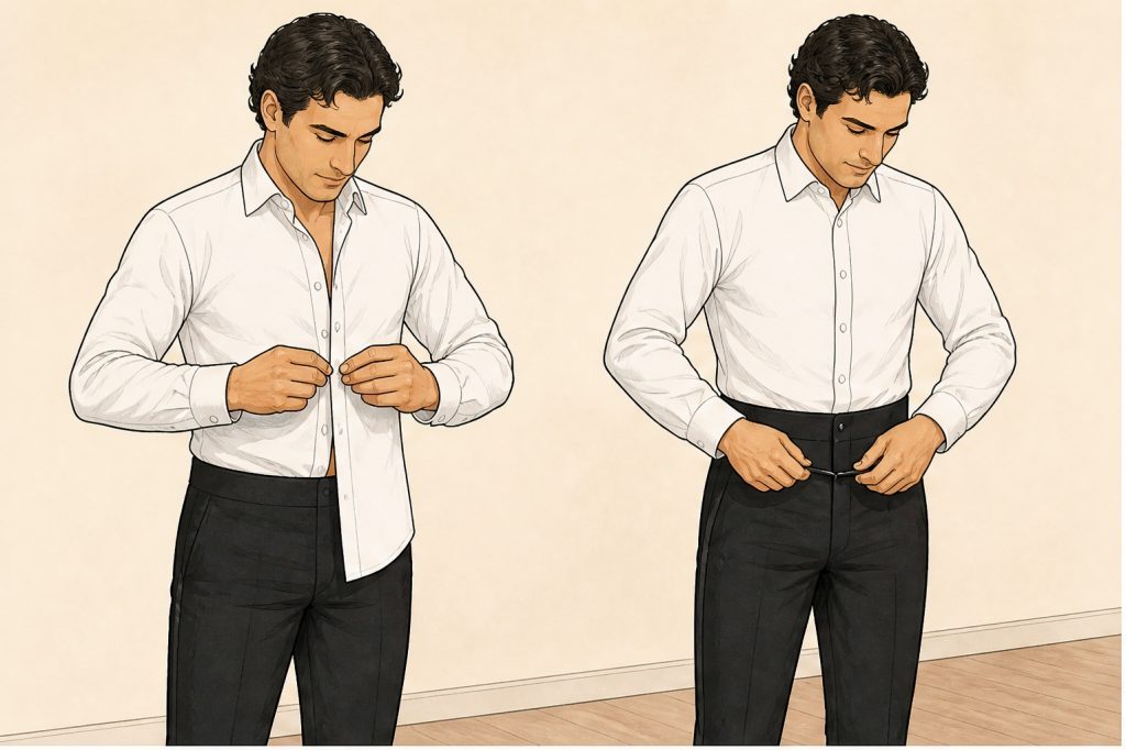Put on white shirt and black trousers
