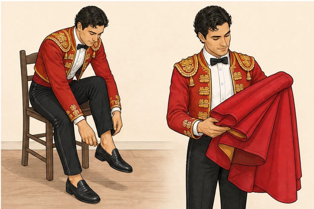 Put on loafers and fold red costume cape