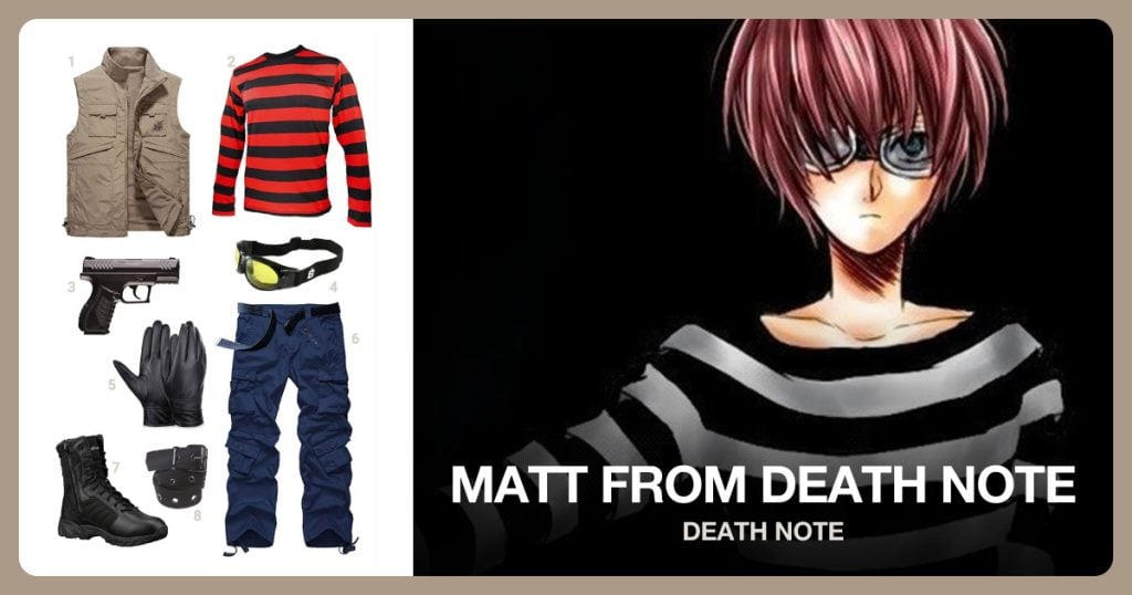 Beige Fur Trim Vest, Red and Black Striped Shirt, Handgun and Yellow Lens Goggles beside Matt from Death Note