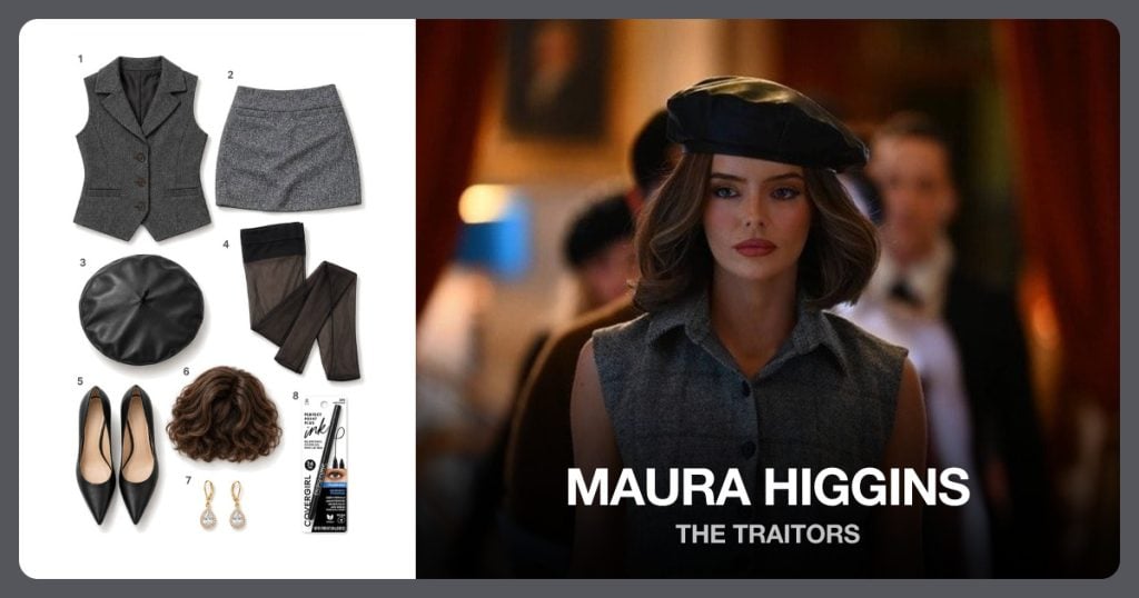 Gray Tweed Collared Vest, Gray Tweed Mini Skirt, Black Leather Beret and Sheer Black Tights beside Maura Higgins