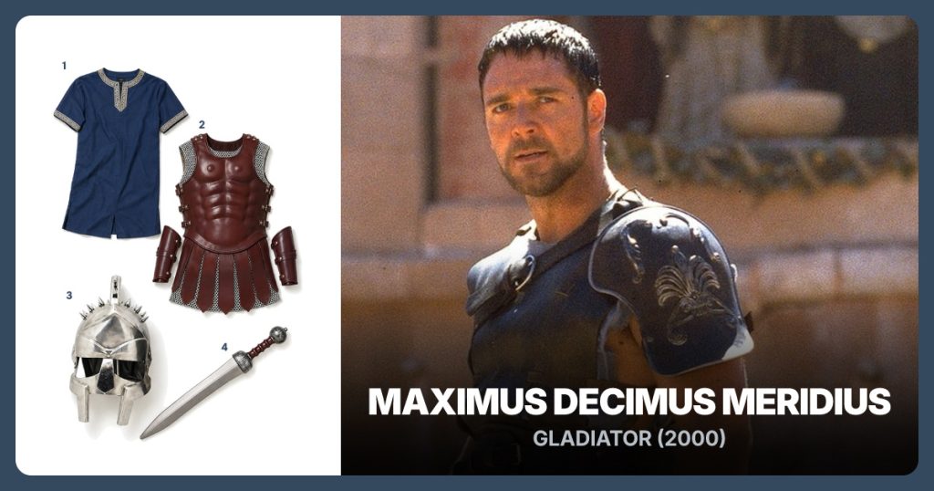 Blue Arena Tunic, Brown Gladiator Armor Set, Silver Maximus Spiked Helmet and Foam Roman Gladius Prop beside Maximus Decimus Meridius (Gladiator, 2000)