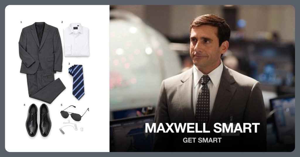 Dark Gray Two Piece Suit, White Dress Shirt, Navy Striped Tie and Black Oxford Shoes beside Maxwell Smart
