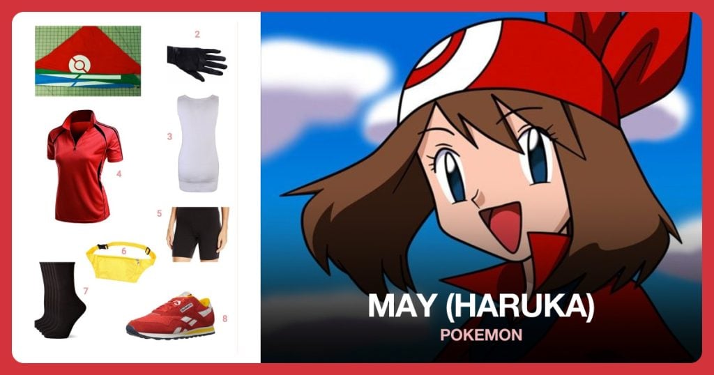 May Bandana for Cosplay, Greatlookz Black Gloves, Extra Long Stretch Cotton Tank Top and Red Zip Up Polo beside May (Haruka)