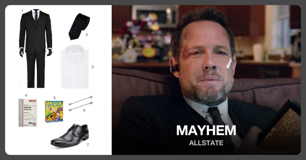 Black Three Piece Suit, Black Skinny Tie, White Dress Shirt and Butterfly Closure Bandages beside Mayhem